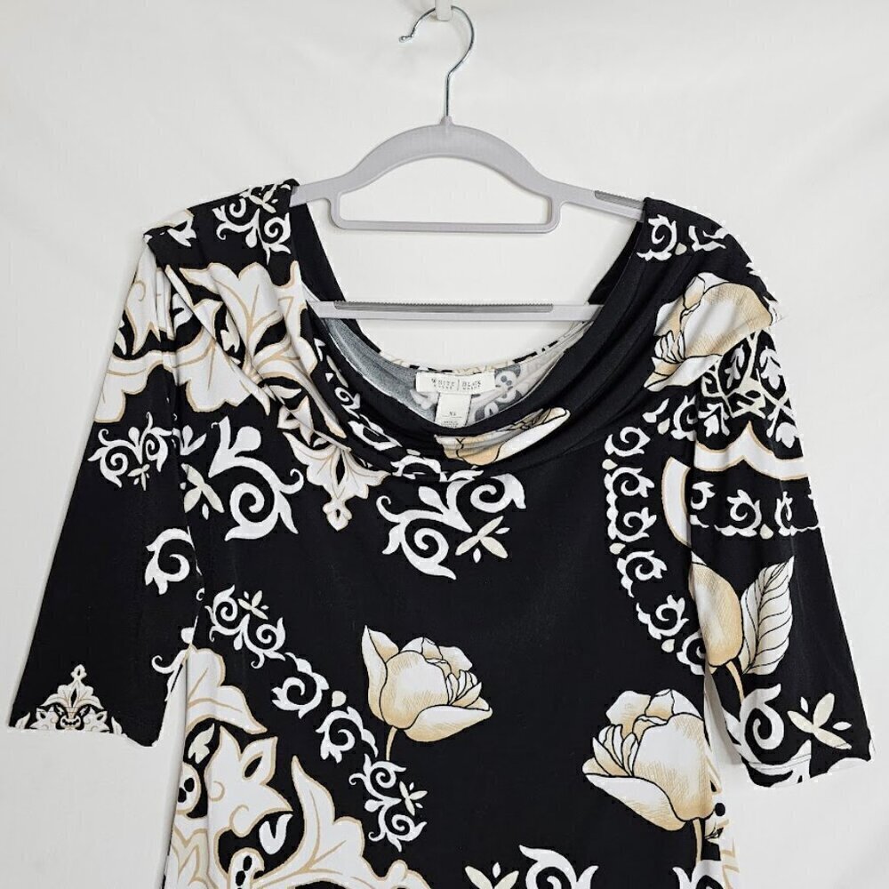 WHITE HOUSE BLACK MARKET Dress size XS BLACK TAN WHITE FLORAL Art to Wear Retro - Picture 3 of 7